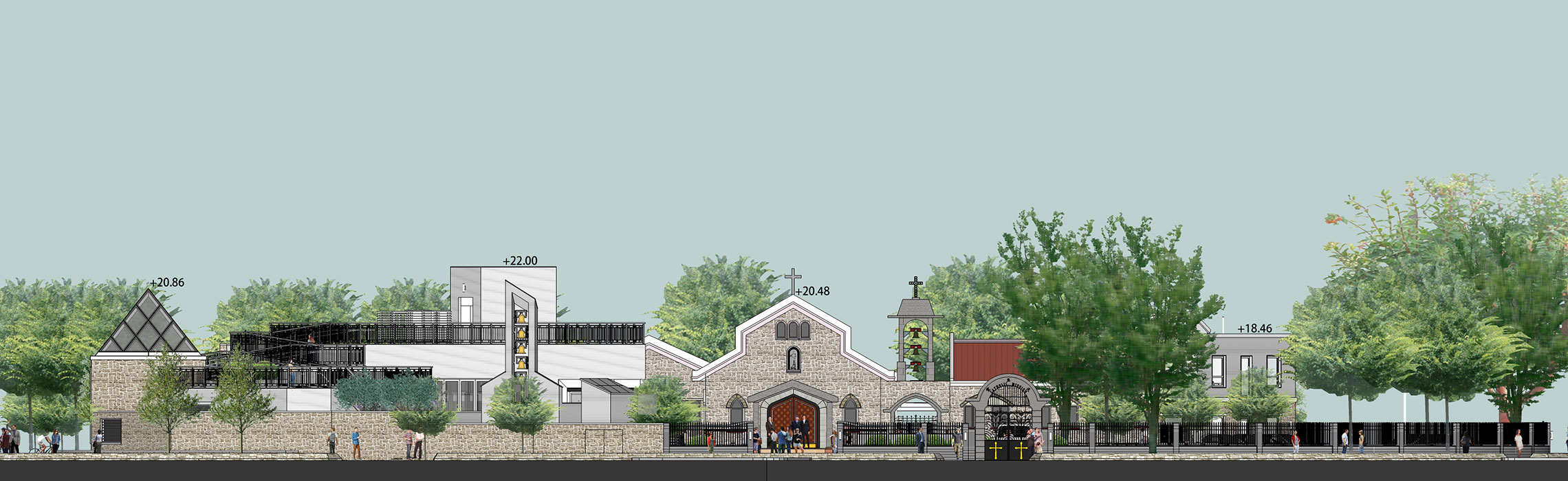 (Artist impression) St Joseph’s Church and its extension with the old and new bell tower from the Fan Leng Lau Road entrance